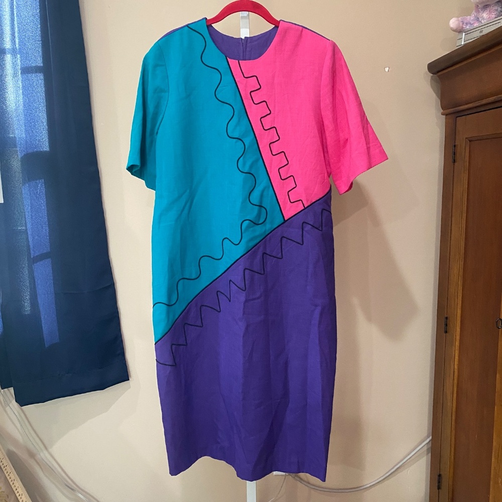 VINTAGE Blue, Pink, Purple Stitch Pattern Dress